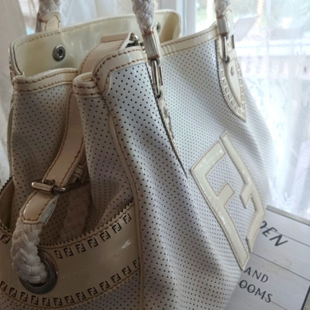 Fendi Ivory Perforated Leather Tote with Braided Handles